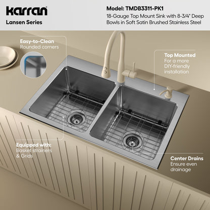 Lansen 33" Top Mount 18 Gauge Double Bowl Stainless Steel Sink with Accessories