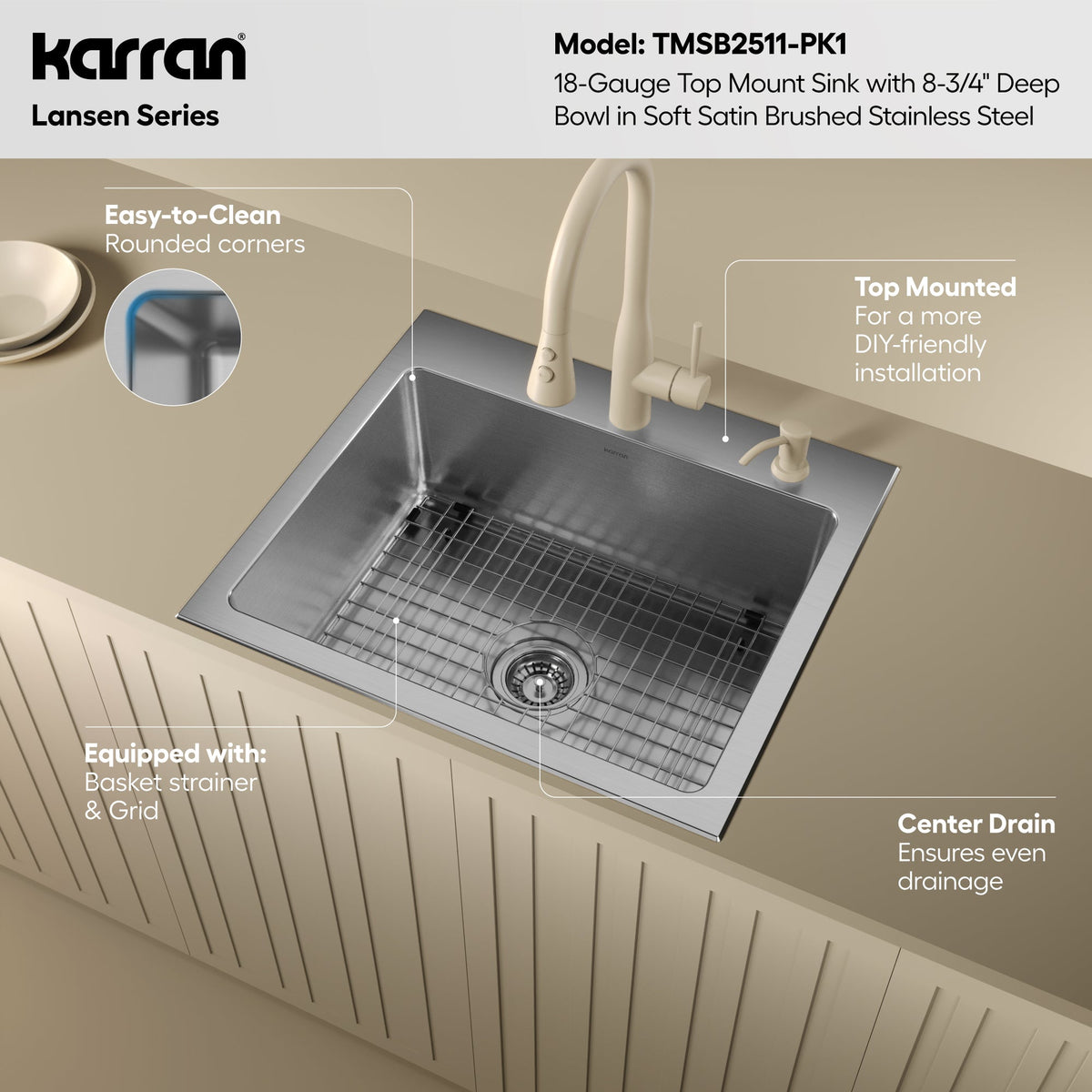 Lansen 25" Top Mount 18 Gauge Single Bowl Stainless Steel Sink with Accessories