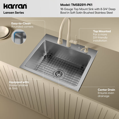 Lansen 25" Top Mount 18 Gauge Single Bowl Stainless Steel Sink with Accessories