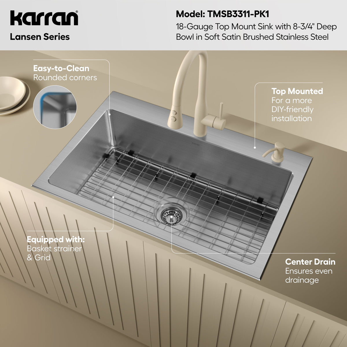 Lansen 33" Top Mount 18 Gauge Single Bowl Stainless Steel Sink with Accessories
