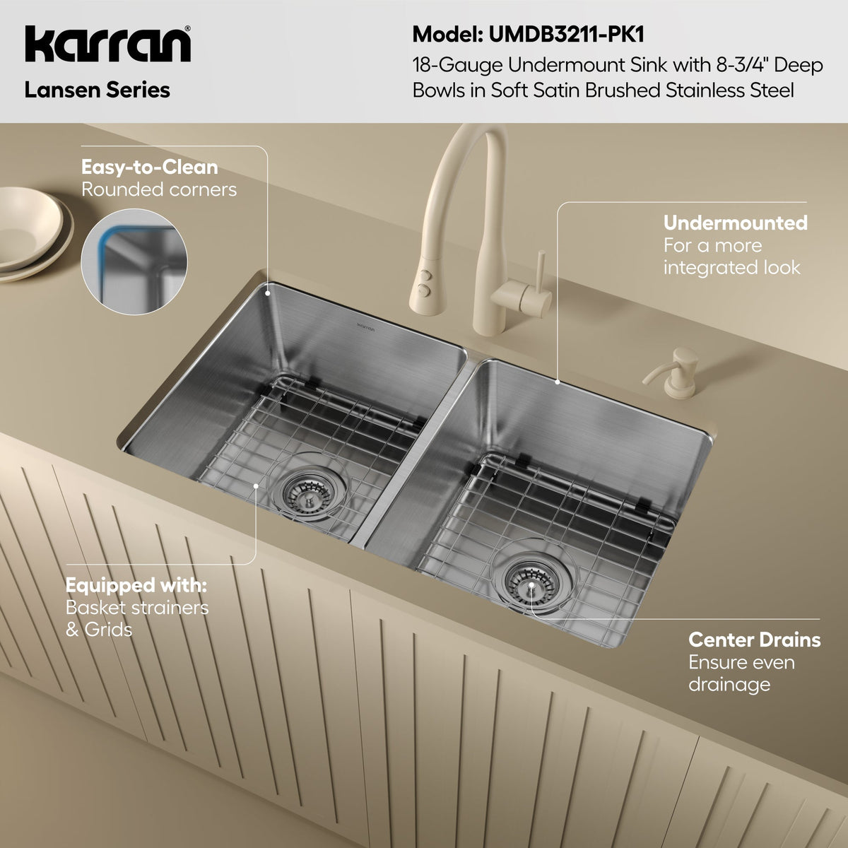 Lansen 32" Undermount 18 Gauge Double Equal Bowl Stainless Steel Sink with Accessories