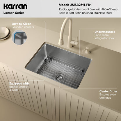 Lansen 24" Undermount 18 Gauge Single Bowl Stainless Steel Sink with Accessories