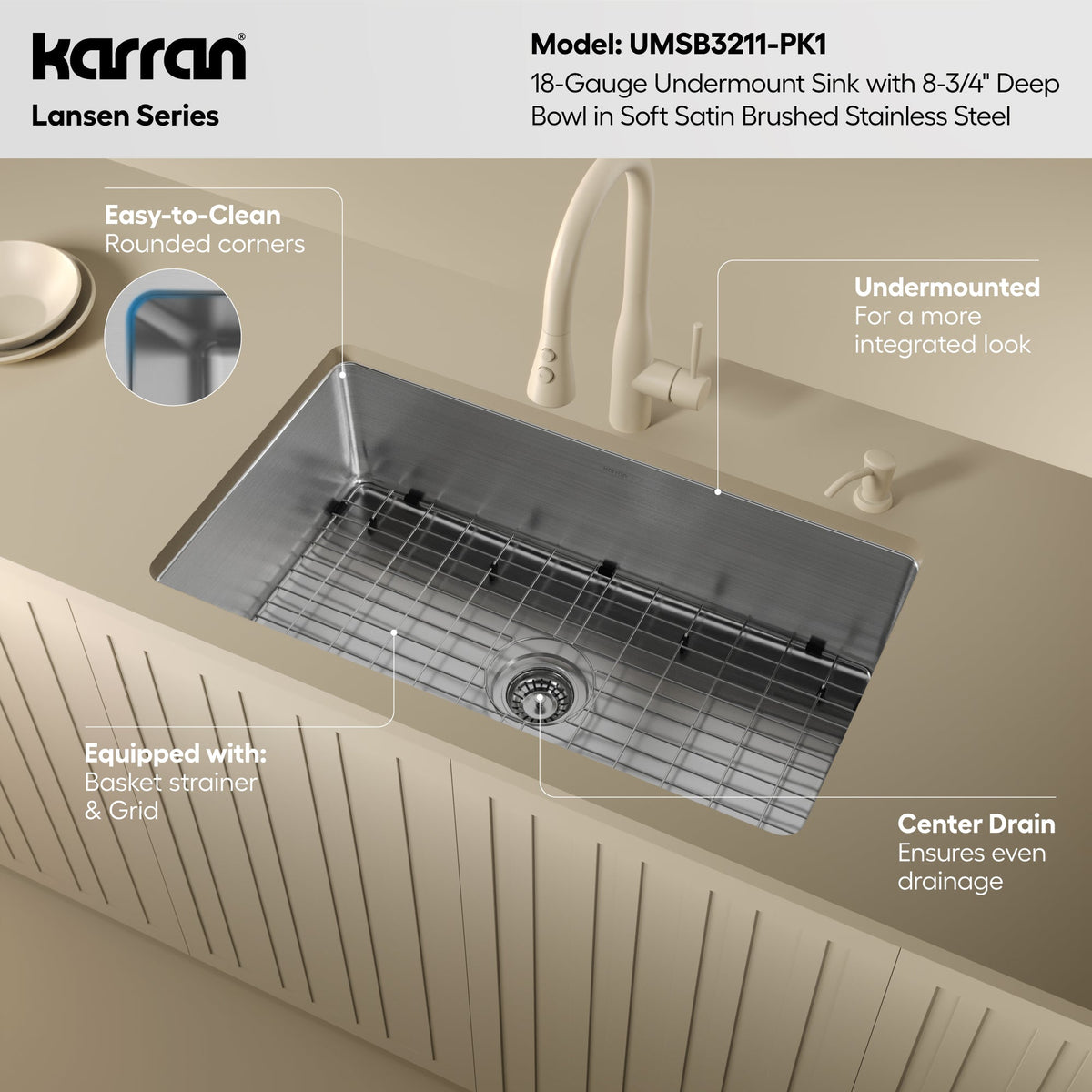 Lansen 32" Undermount 18 Gauge Single Bowl Stainless Steel Sink with Accessories