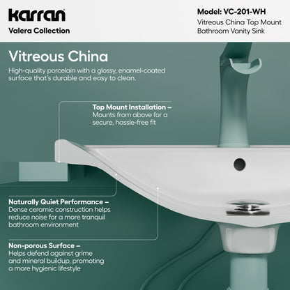 20-1/2" Top Mount Vitreous China Bathroom Sink In White