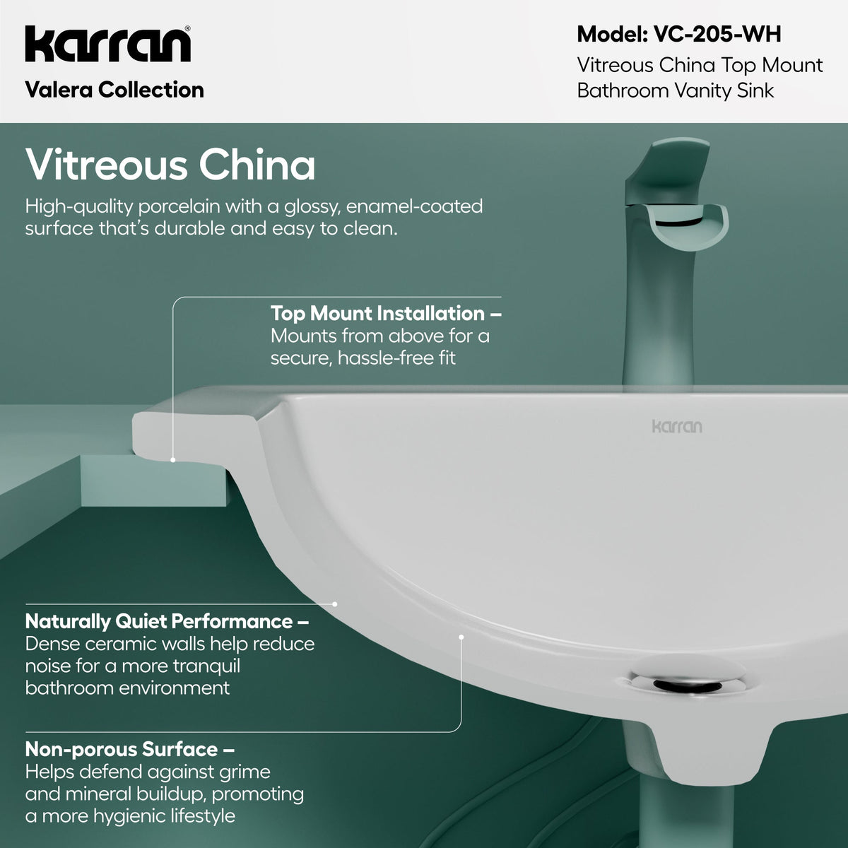 Valera 23" Rectangular Top Mount Vitreous China Bathroom Sink In White