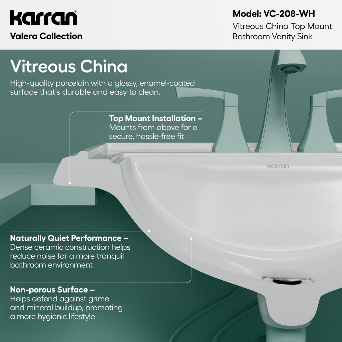 Valera 23" Rectangular Top Mount Vitreous China Bathroom Sink In White