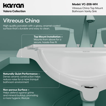 Valera 23" Rectangular Top Mount Vitreous China Bathroom Sink In White