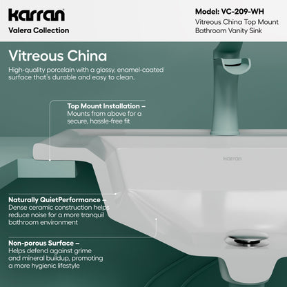 Valera 23" Curved Rectangular Top Mount Vitreous China Bathroom Sink In White