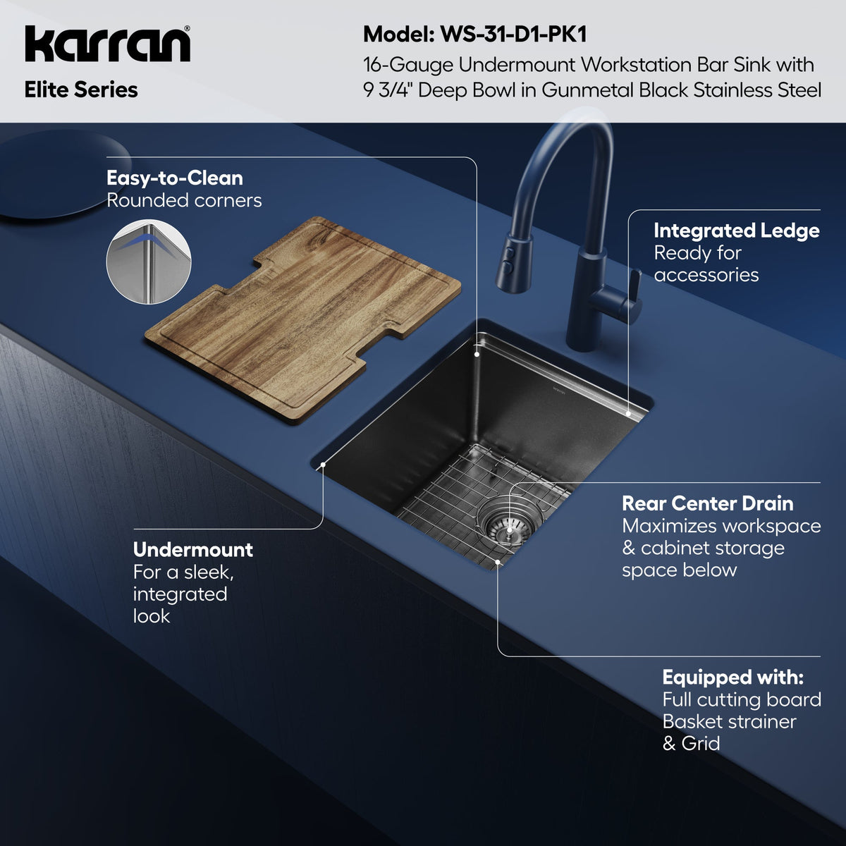 Elite 15" Undermount Workstation 16 Gauge Single Bowl Stainless Steel Kitchen Sink In Gunmetal Black