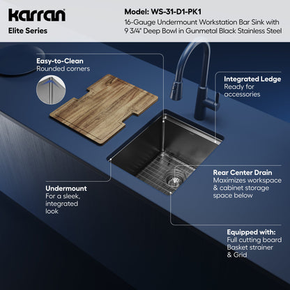 Elite 15" Undermount Workstation 16 Gauge Single Bowl Stainless Steel Kitchen Sink In Gunmetal Black