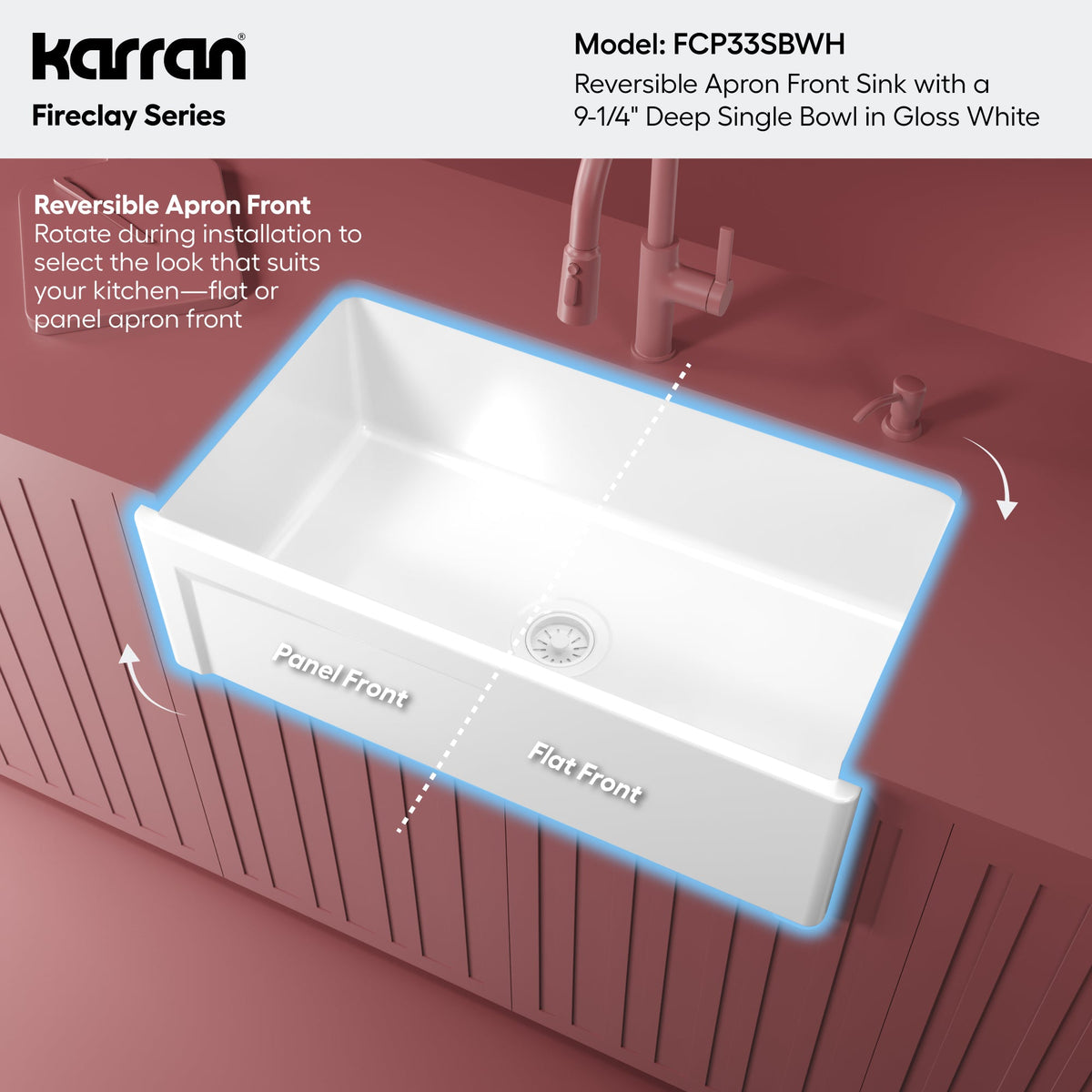 Fireclay 33" Reversible Apron Front Single Bowl Kitchen Sink In White