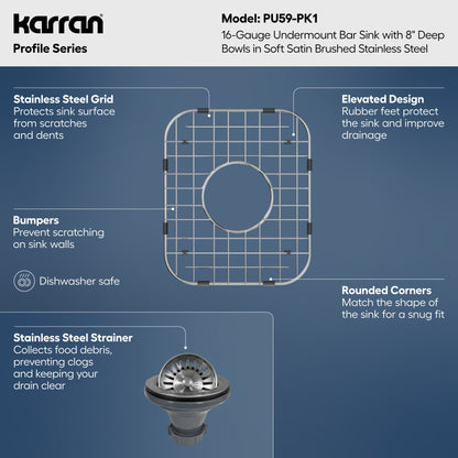 Profile 15" Undermount 16 Gauge Stainless Steel Single Bowl Bar Sink with Accessories