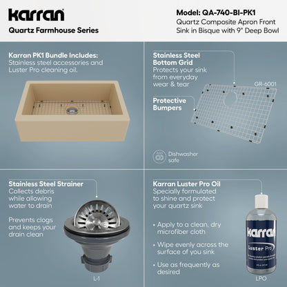 Farmhouse/Apron-Front Quartz Composite 34" Single Bowl Kitchen Sink Kit In Bisque
