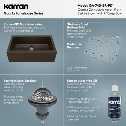34" Farmhouse Large Single Bowl Quartz Composite Kitchen Sink Kit In Brown