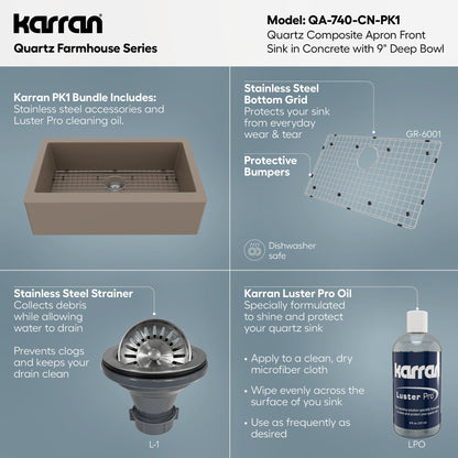 34" Farmhouse Large Single Bowl Quartz Composite Kitchen Sink Kit In Concrete