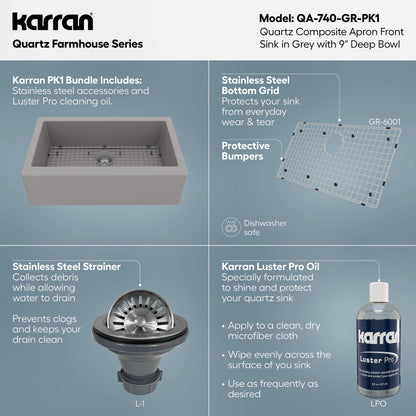 34" Farmhouse Large Single Bowl Quartz Composite Kitchen Sink Kit In Grey