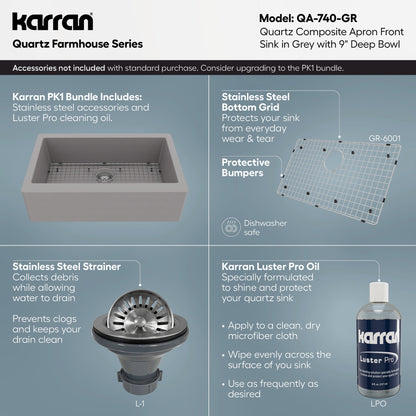 34" Farmhouse Large Single Bowl Quartz Composite Kitchen Sink In Grey