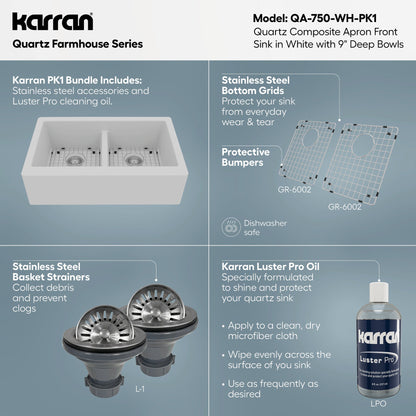 34" Farmhouse Double Equal Bowl Quartz Composite Kitchen Sink Kit In White
