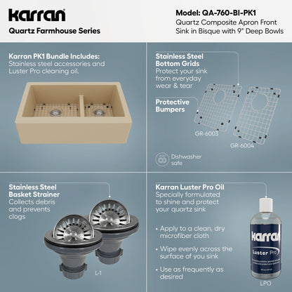 34" Farmhouse Double Offset Bowl Quartz Composite Kitchen Sink Kit In Bisque