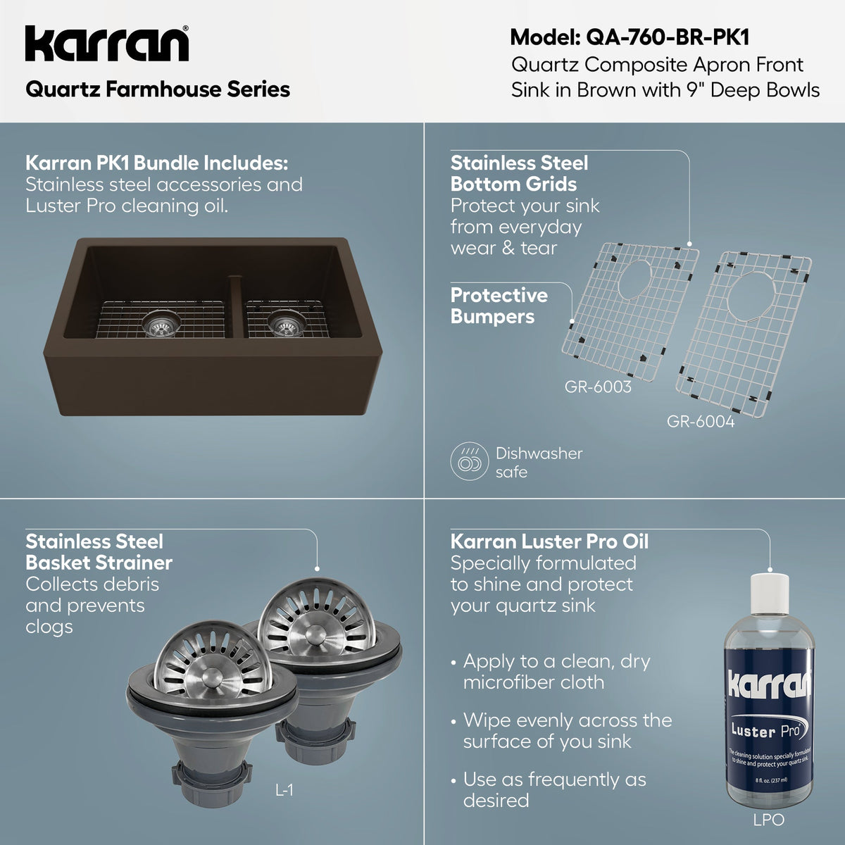 34" Farmhouse Double Offset Bowl Quartz Composite Kitchen Sink Kit In Brown