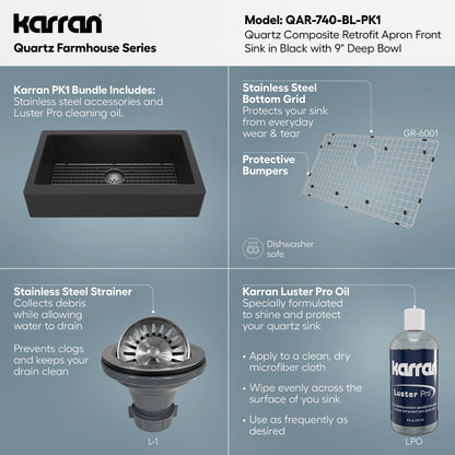 34" Retrofit Farmhouse Large Single Bowl Quartz Composite Kitchen Sink Kit In Black