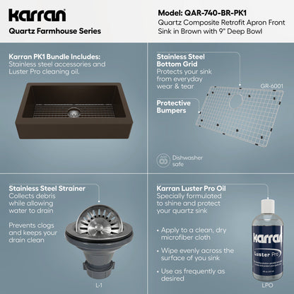 34" Retrofit Farmhouse Large Single Bowl Quartz Composite Kitchen Sink Kit In Brown