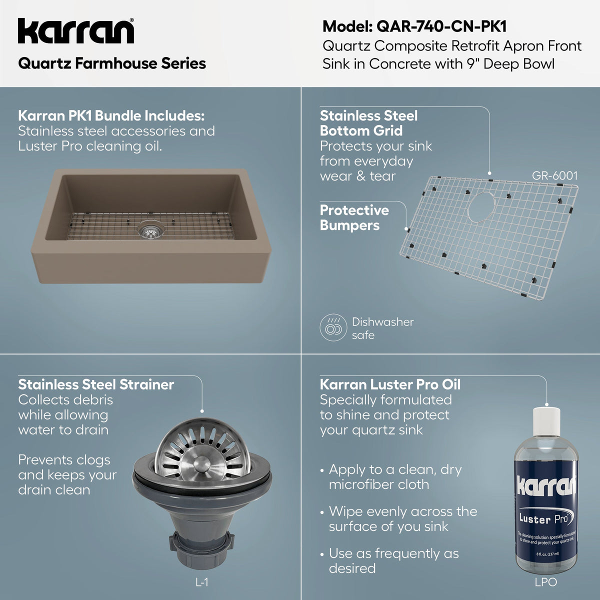 34" Retrofit Farmhouse Large Single Bowl Quartz Composite Kitchen Sink Kit In Concrete