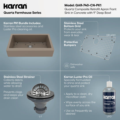 34" Retrofit Farmhouse Large Single Bowl Quartz Composite Kitchen Sink Kit In Concrete