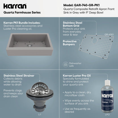 34" Retrofit Farmhouse Large Single Bowl Quartz Composite Kitchen Sink Kit In Grey