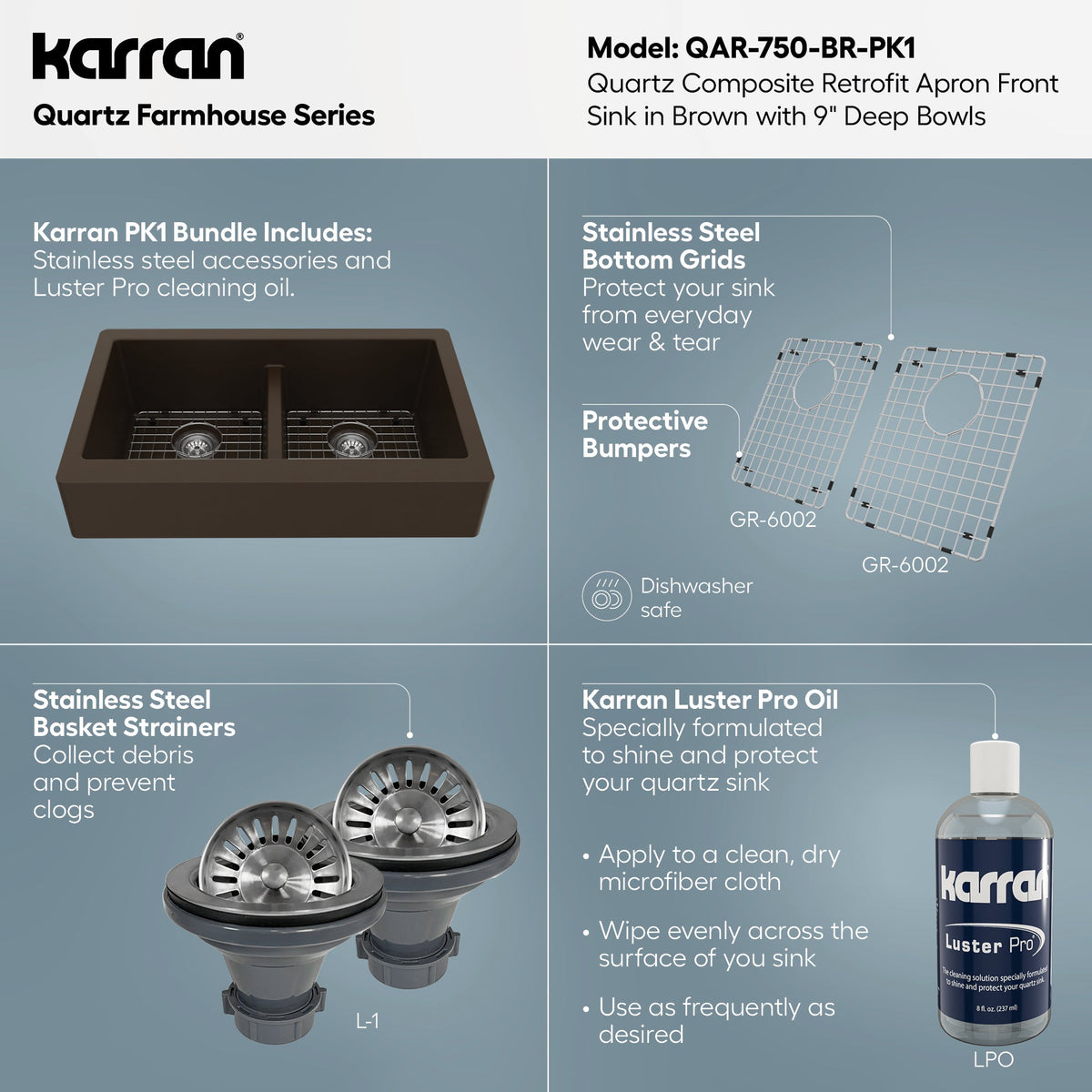 34" Retrofit Farmhouse Double Equal Bowl Quartz Composite Kitchen Sink Kit In Brown