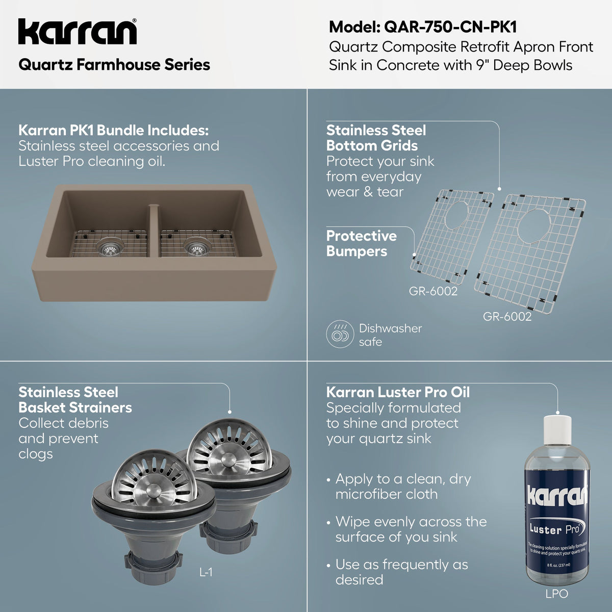 34" Retrofit Farmhouse Double Equal Bowl Quartz Composite Kitchen Sink Kit In Concrete