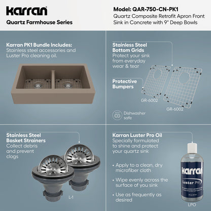 34" Retrofit Farmhouse Double Equal Bowl Quartz Composite Kitchen Sink Kit In Concrete