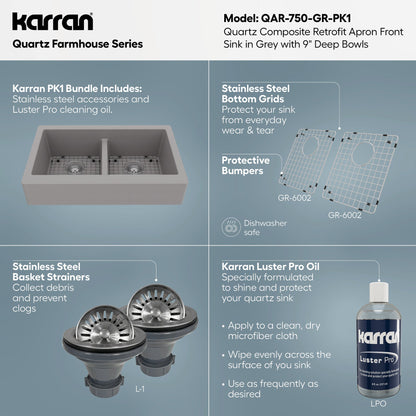 34" Retrofit Farmhouse Double Equal Bowl Quartz Composite Kitchen Sink Kit In Grey
