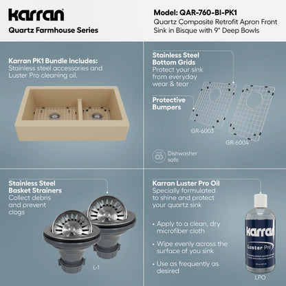 34" Retrofit Farmhouse Double Offset Bowl Quartz Composite Kitchen Sink Kit In Bisque