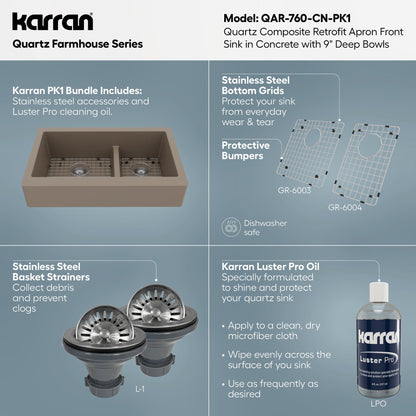 34" Retrofit Farmhouse Double Offset Bowl Quartz Composite Kitchen Sink Kit In Concrete