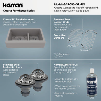 34" Retrofit Farmhouse Double Offset Bowl Quartz Composite Kitchen Sink Kit In Grey