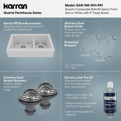 34" Retrofit Farmhouse Double Offset Bowl Quartz Composite Kitchen Sink Kit In White