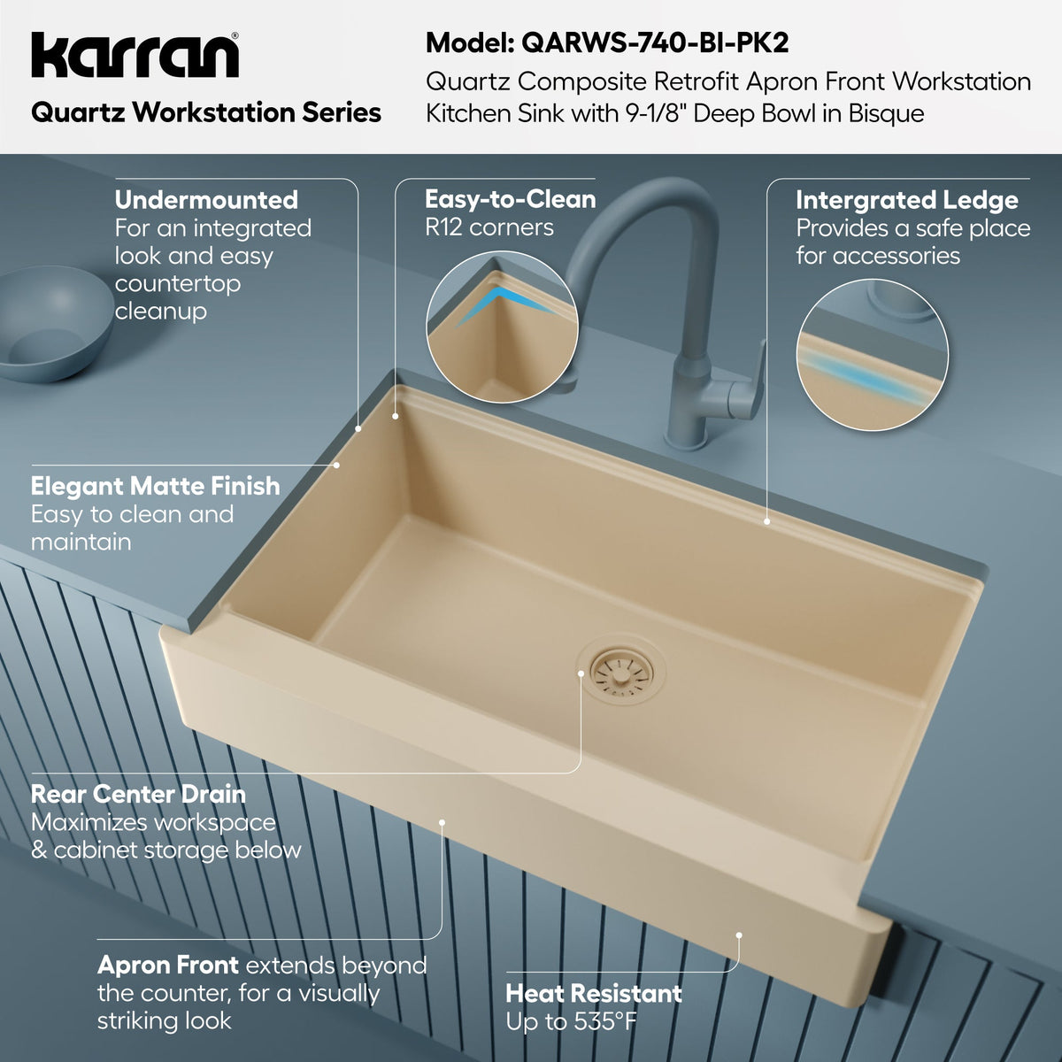 34" Apron Front Single Bowl Quartz Kitchen Sink Kit In Bisque