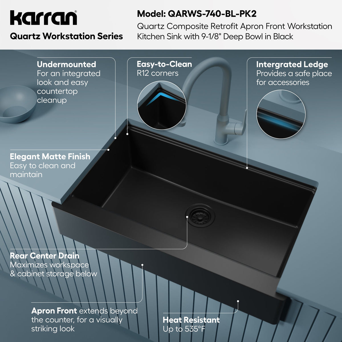 34" Apron Front Single Bowl Quartz Kitchen Sink Kit In Black