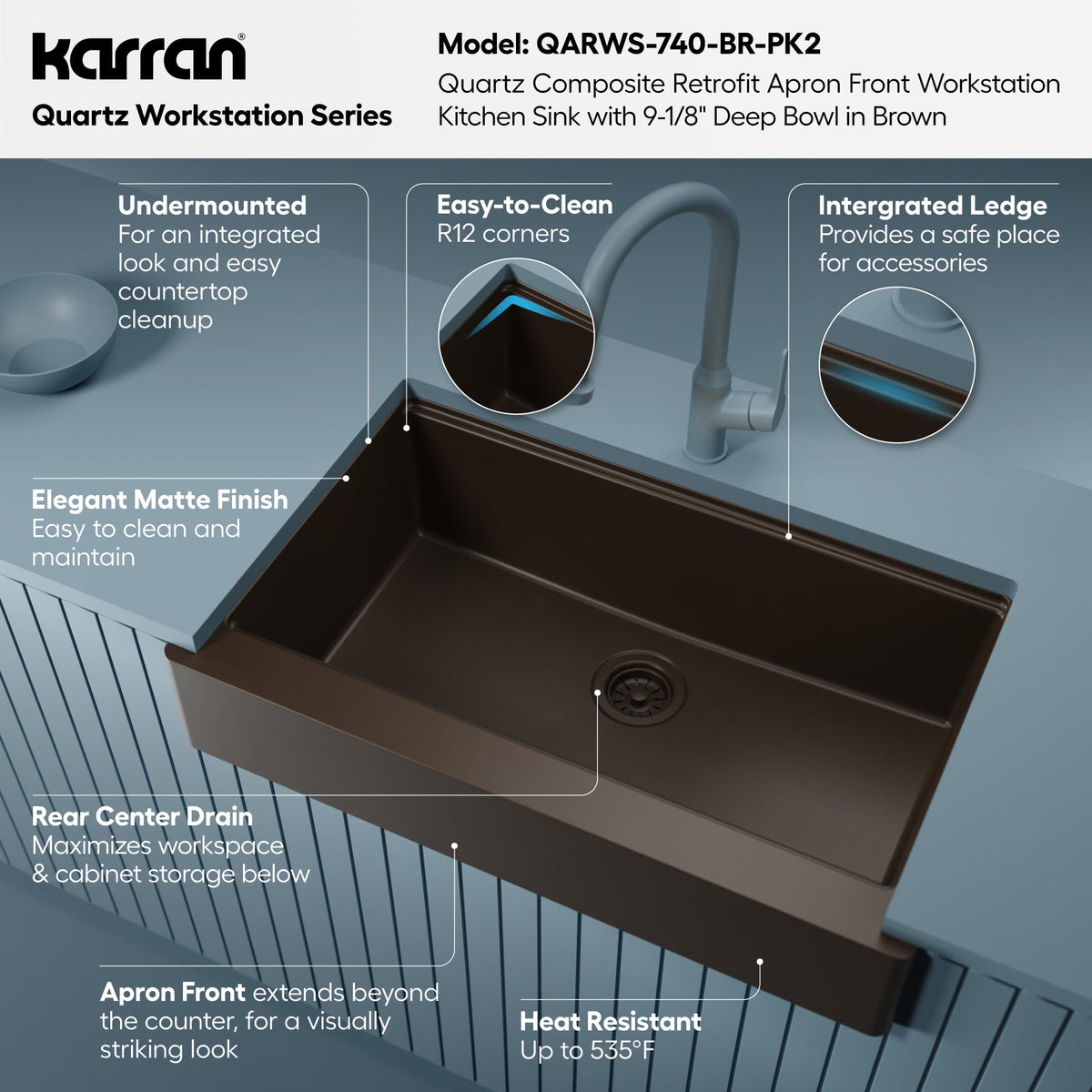 34" Apron Front Single Bowl Quartz Kitchen Sink Kit In Brown