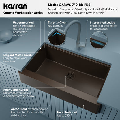 34" Apron Front Single Bowl Quartz Kitchen Sink Kit In Brown