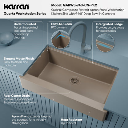 34" Apron Front Single Bowl Quartz Kitchen Sink Kit In Concrete