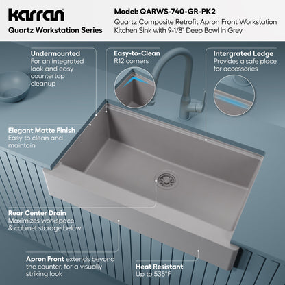 34" Apron Front Single Bowl Quartz Kitchen Sink Kit In Grey