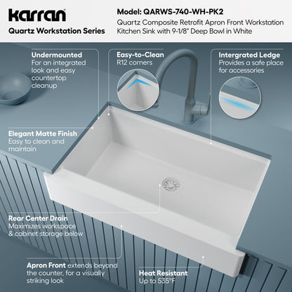 34" Apron Front Single Bowl Quartz Kitchen Sink Kit In White