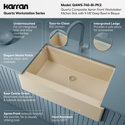 34" Deep Apron Front Single Bowl Quartz Kitchen Sink Kit In Bisque