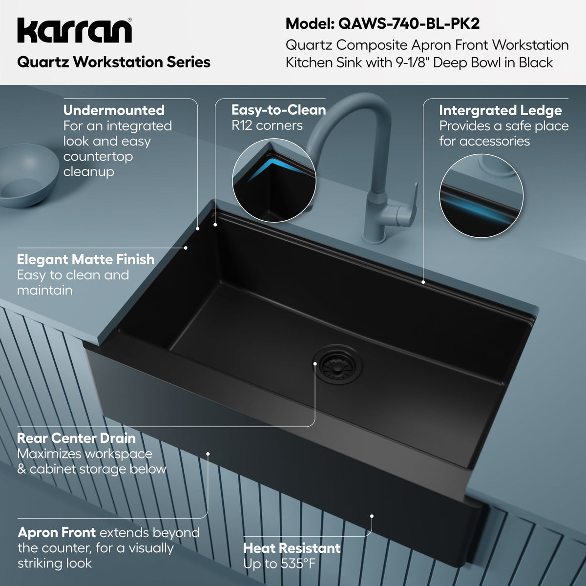 34" Deep Apron Front Single Bowl Quartz Kitchen Sink Kit In Black