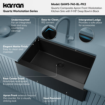 34" Deep Apron Front Single Bowl Quartz Kitchen Sink Kit In Black