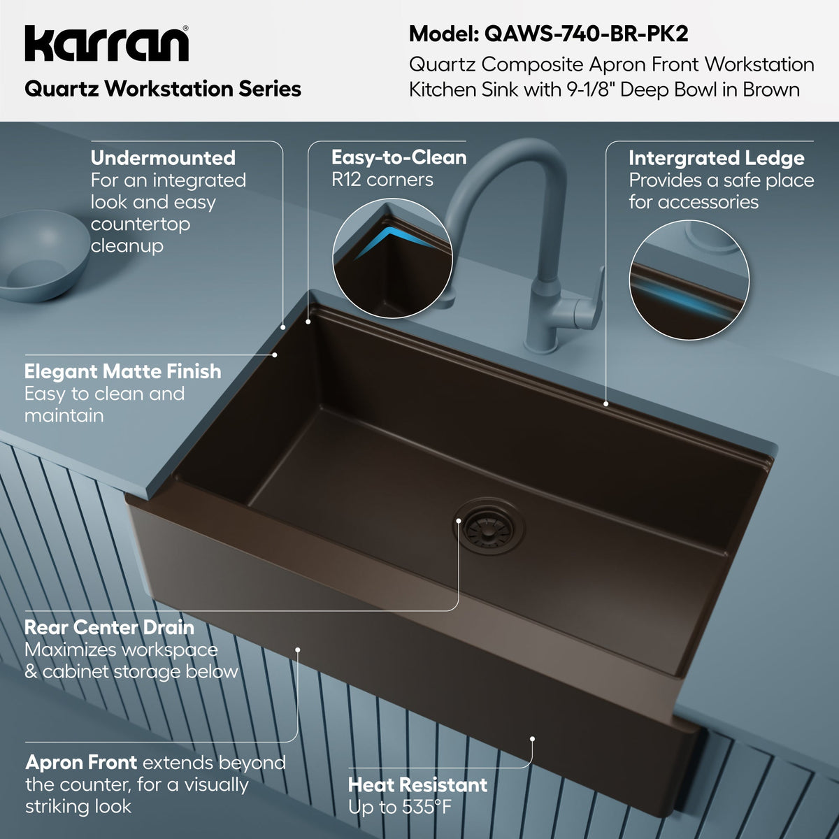 34" Deep Apron Front Single Bowl Quartz Kitchen Sink Kit In Brown