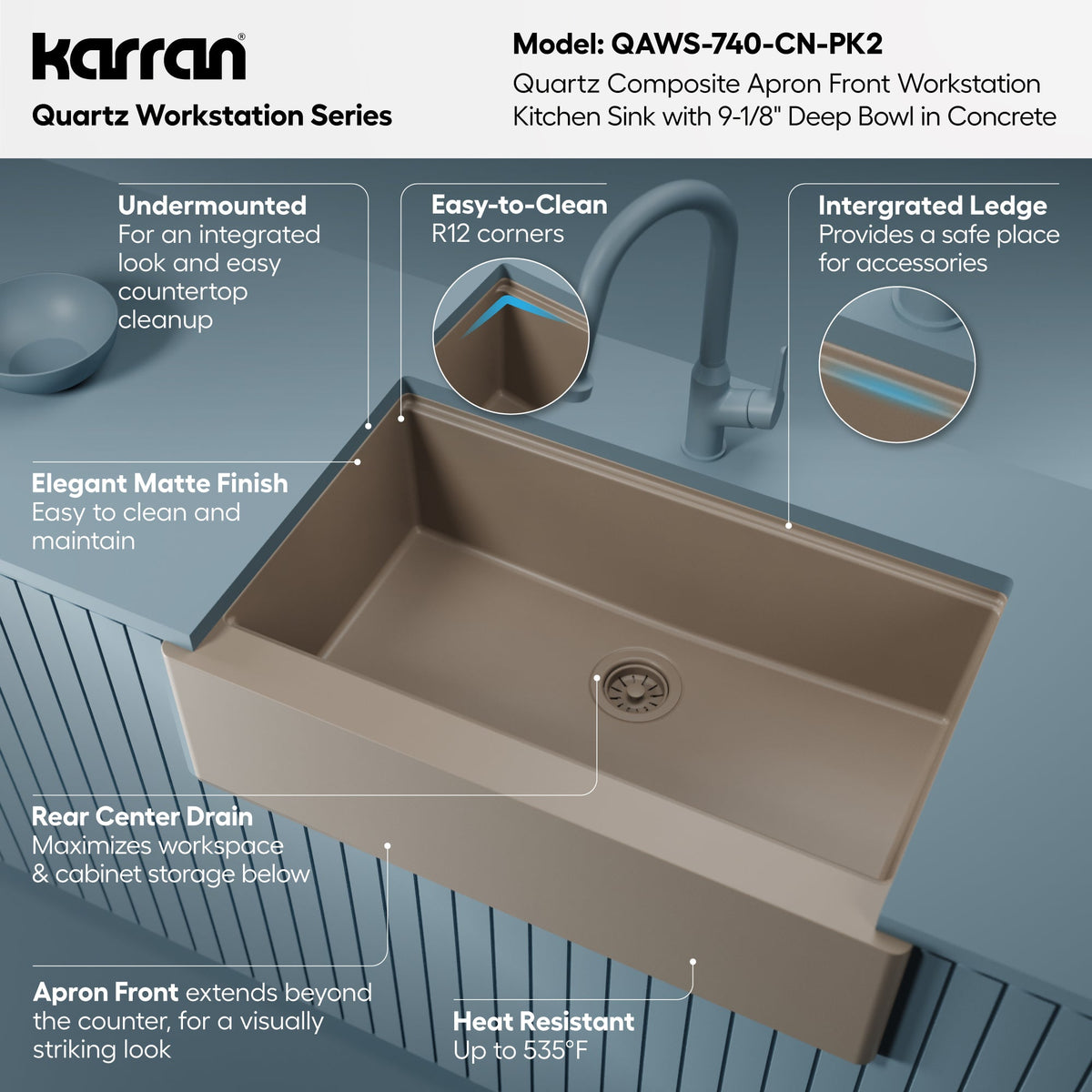 34" Deep Apron Front Single Bowl Quartz Kitchen Sink Kit In Concrete