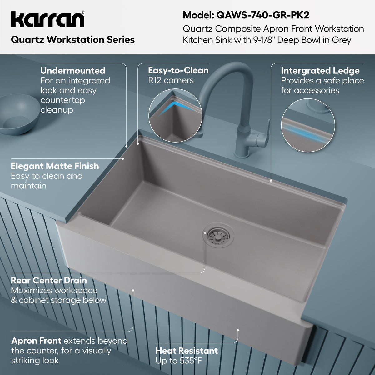 34" Deep Apron Front Single Bowl Quartz Kitchen Sink Kit In Grey